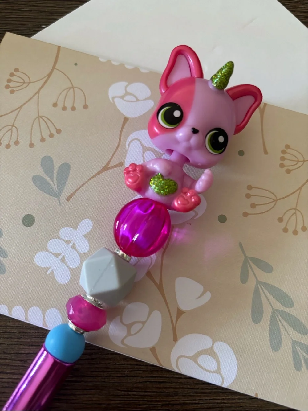 Pink Unicorn Cat handmade Beaded Pen